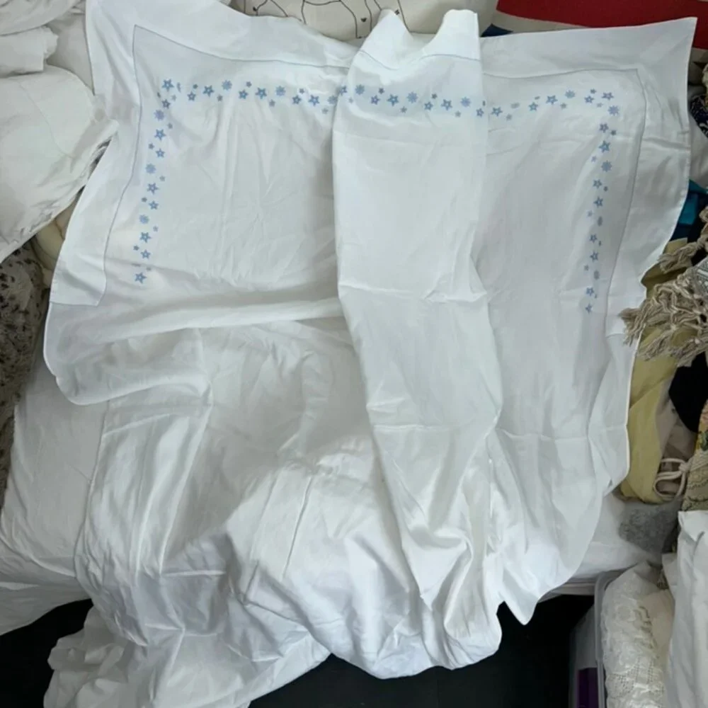 Schweitzer Linen ITALY white embroidered blue stars TWIN flat sheet